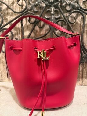 Lauren Ralph Lauren Andie Leather Drawstring Bag in a vibrant red color nwt